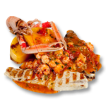 Tomato sauce, polenta, shrimp, edam cheese
